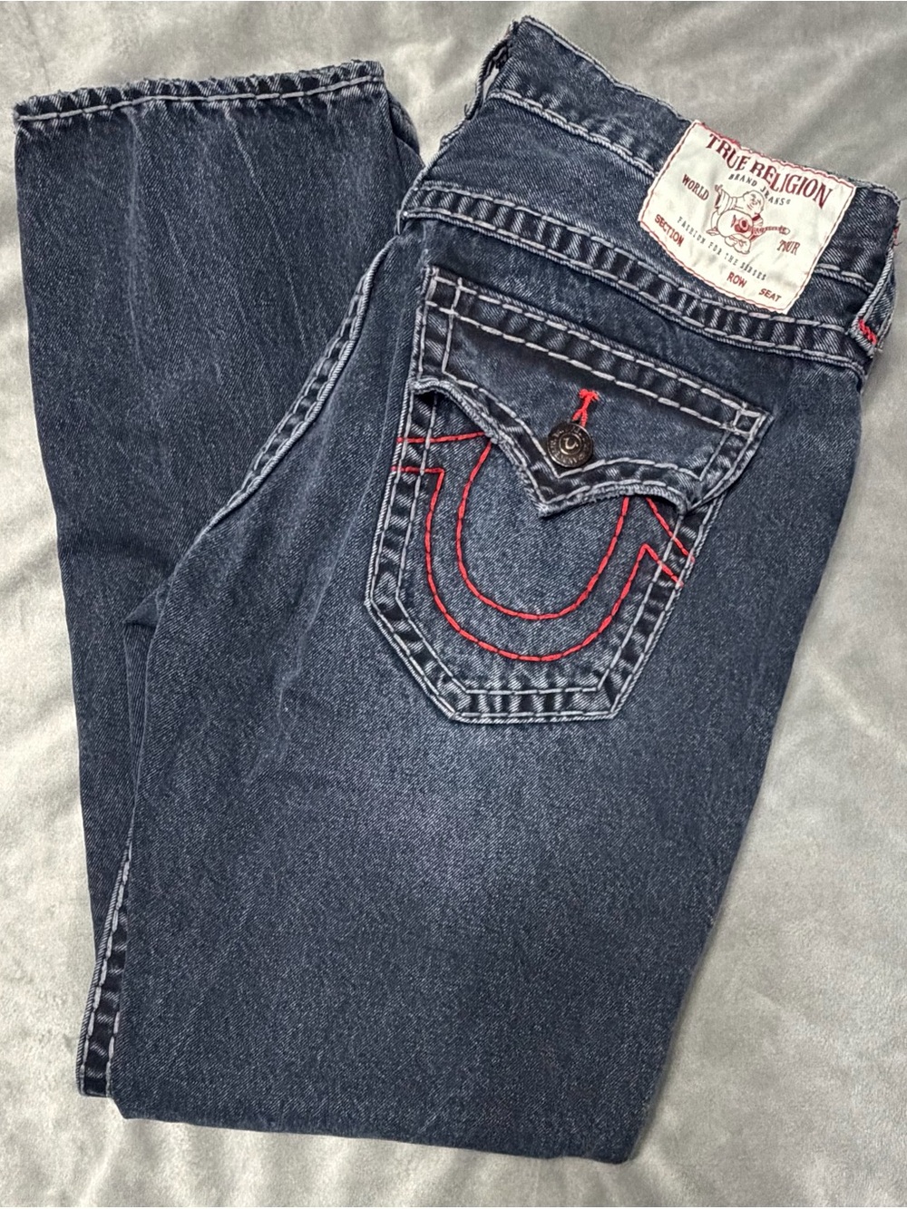 True Religion Ricky Straight Men’s Dark Blue Jeans Red Pocket Stitching 36X32